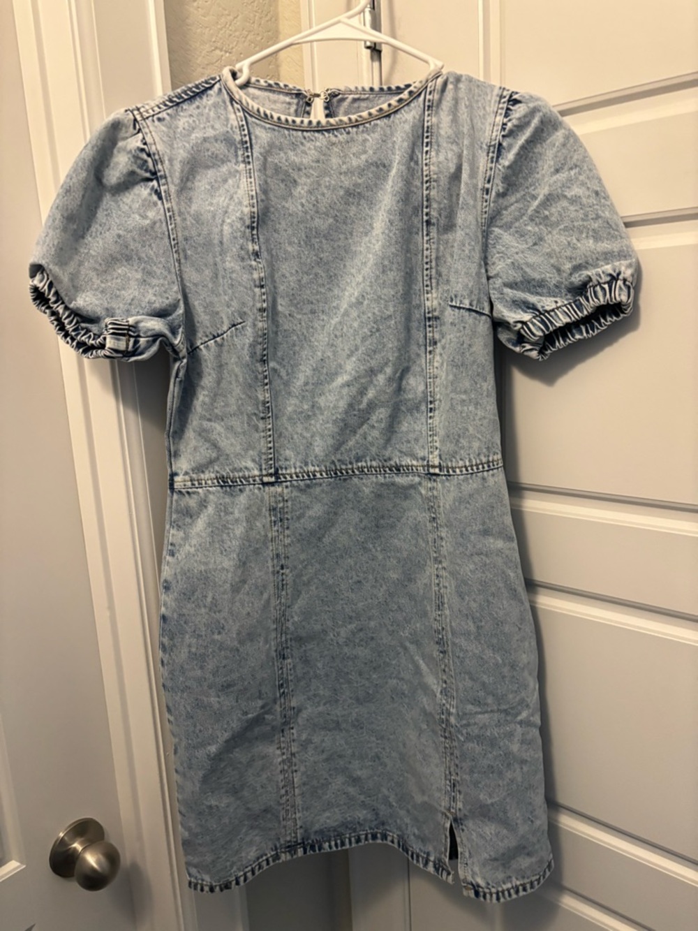 Pink Lily Light Wash Denim Dress with Pink Logo Tag